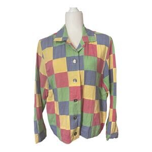 Vintage Women's Button Down Cotton Pastel Patchwork Shirt Shacket Size 16